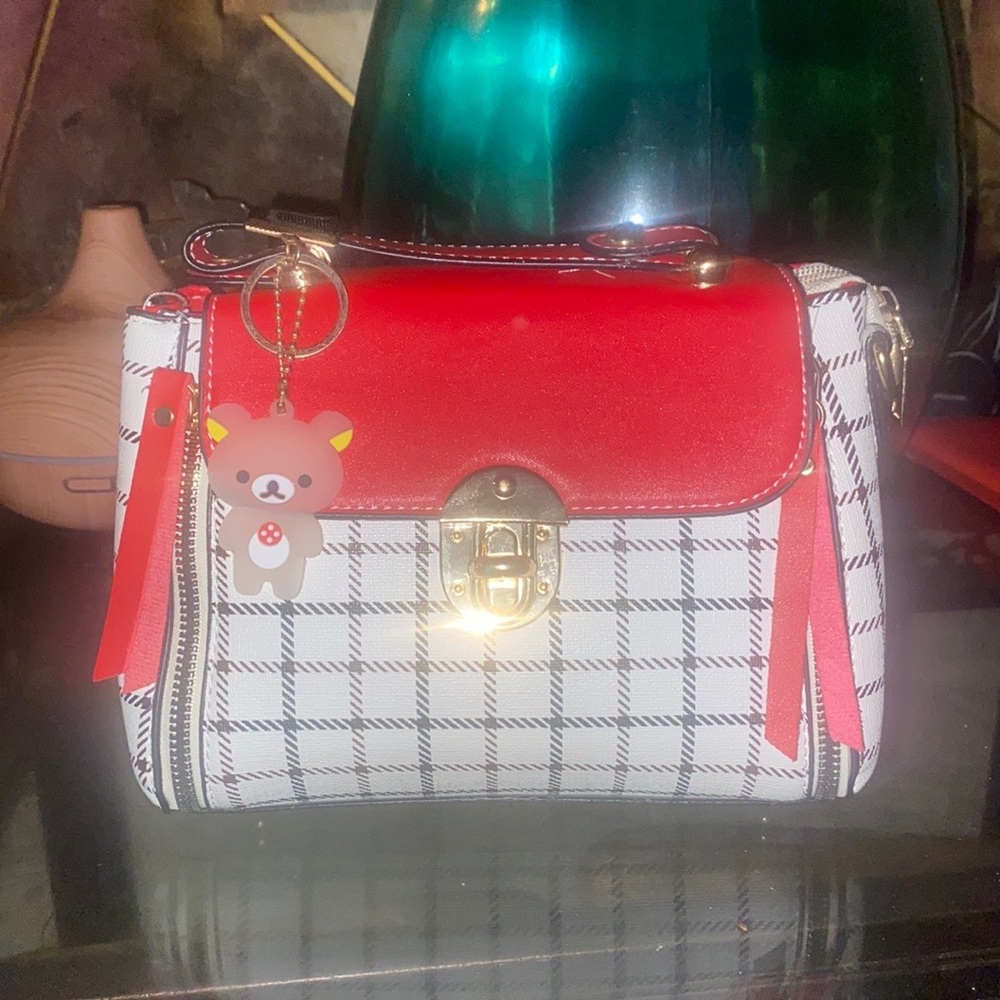 Red with White and Black Checkerboard Pocketback with TeddyBear Keychain